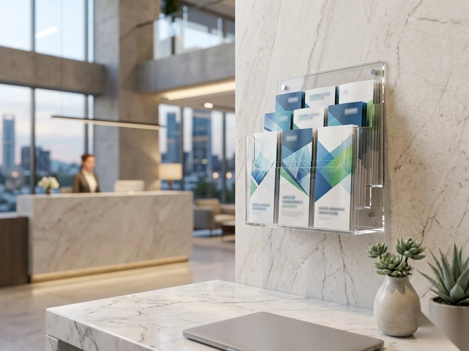 Porta folletos de acrílico de pared y sobremesa para material promocional